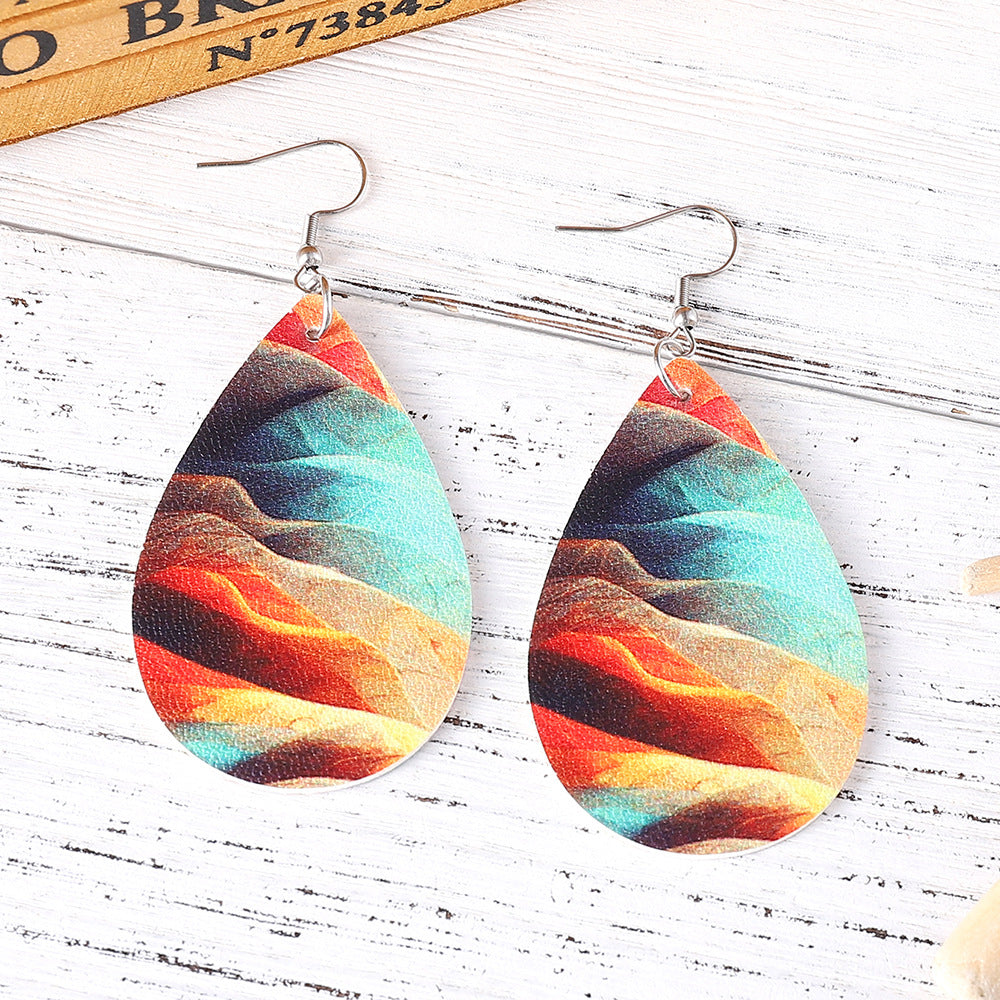Wholesale mixed color oil painting pattern water drop double sided PU leather women earrings